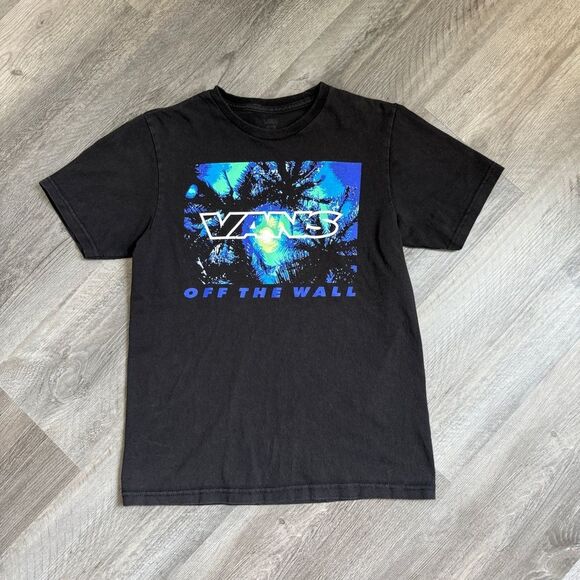 VANS Logo Tee Black Blue Green Hawaiian Palms Medium Boys - Picture 2 of 5
